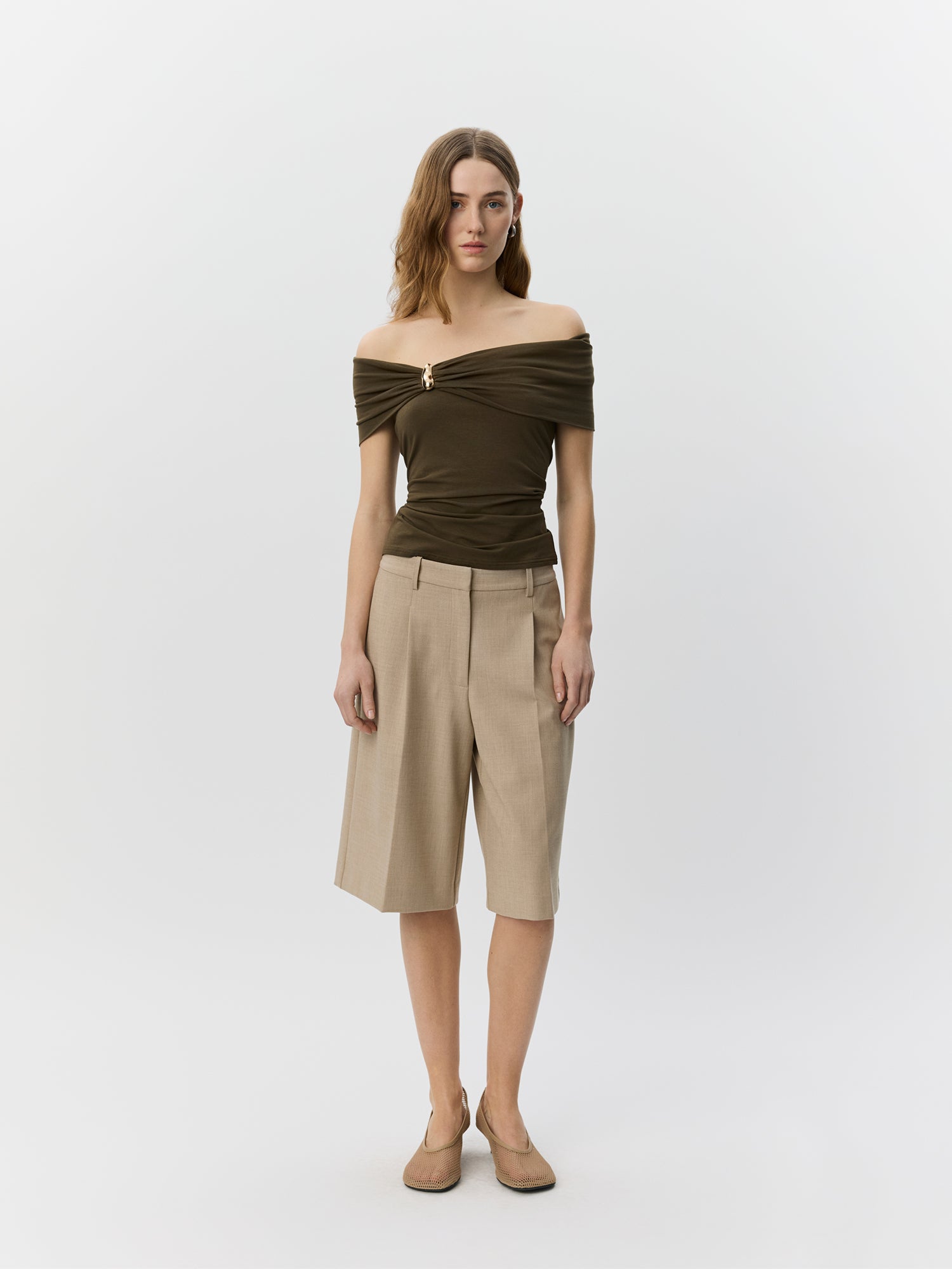 Sofie Schnoor WOMEN SINKASW OFF SHOULDER JERSEY TOP Top 3097 Olive Brown